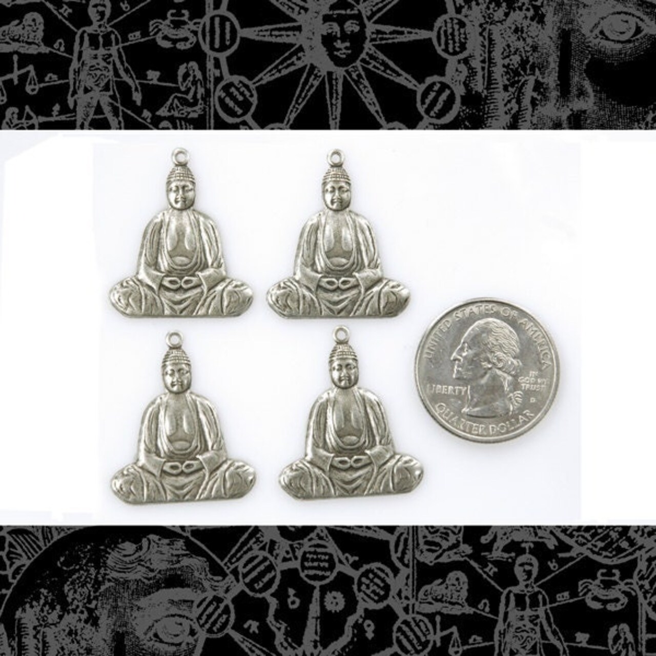 Antiqued Silver Plated Brass Buddha Charm-Pendants - Set of Four - S-C46